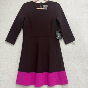 Boston Proper Dress Womens 4 Purple Pink Colorblock Fit Flare 3/4 Sleeve A Line